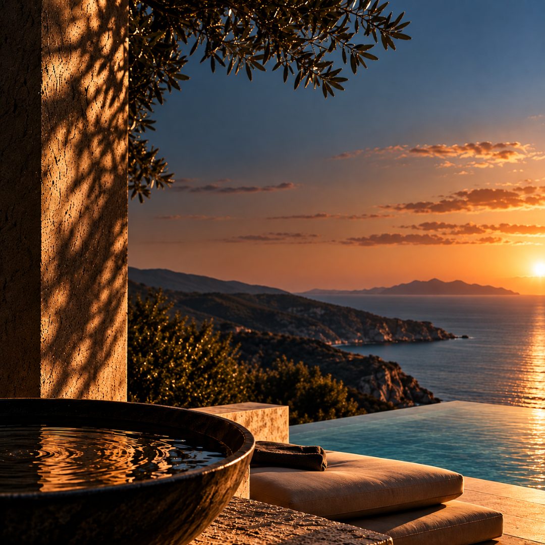 Bronze bowl of still water in golden light