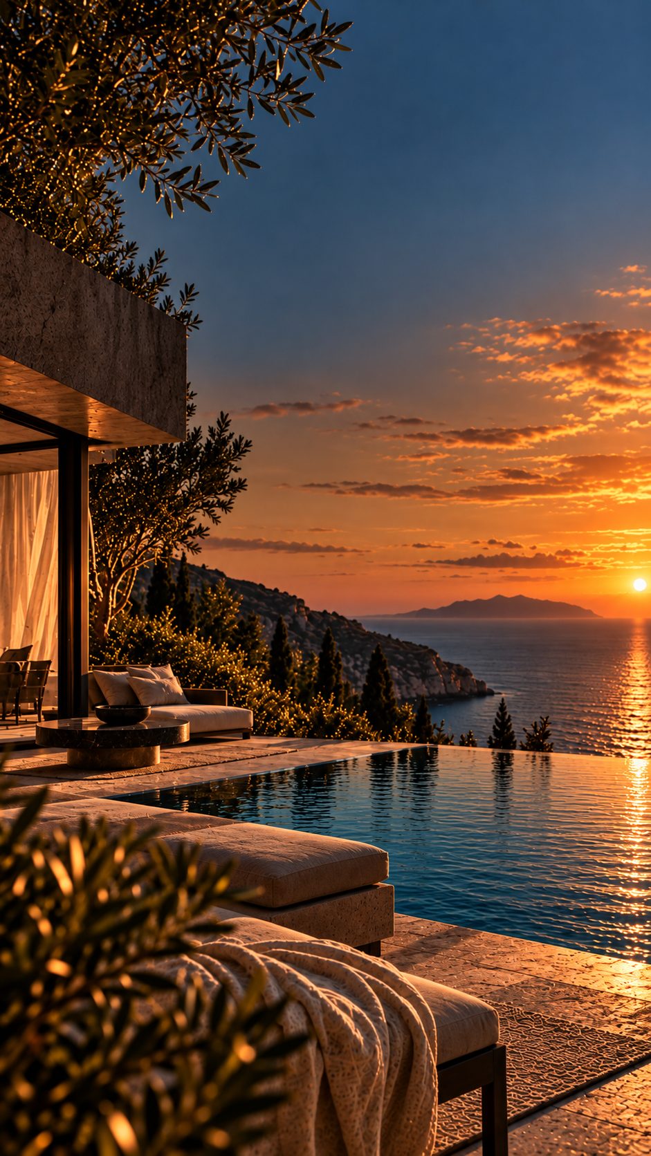 Mediterranean villa at sunset with an infinity pool and olive tree