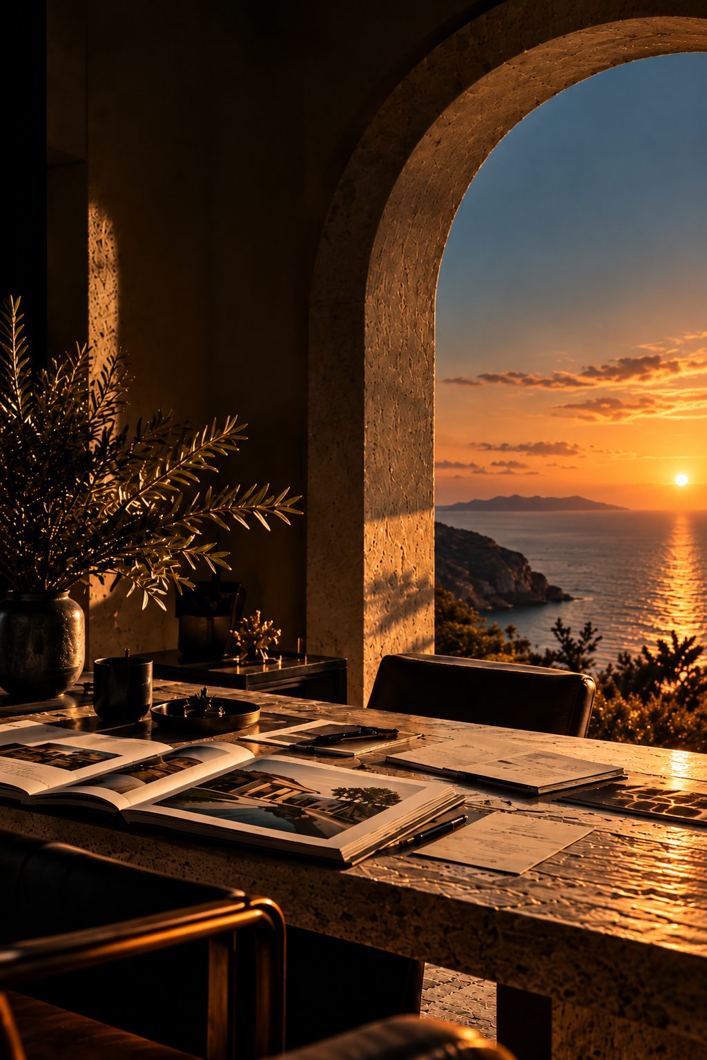 Stone archway opening onto the sea at golden hour