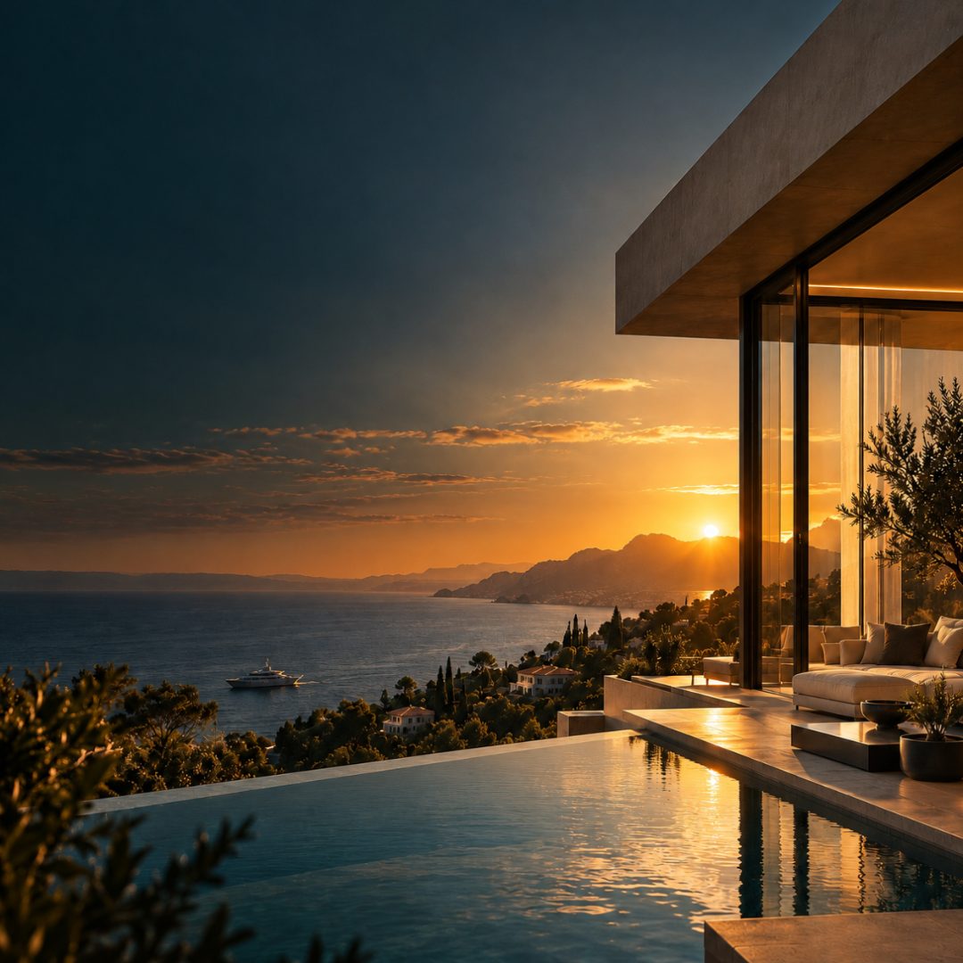 Mediterranean villa overlooking the sea at sunset